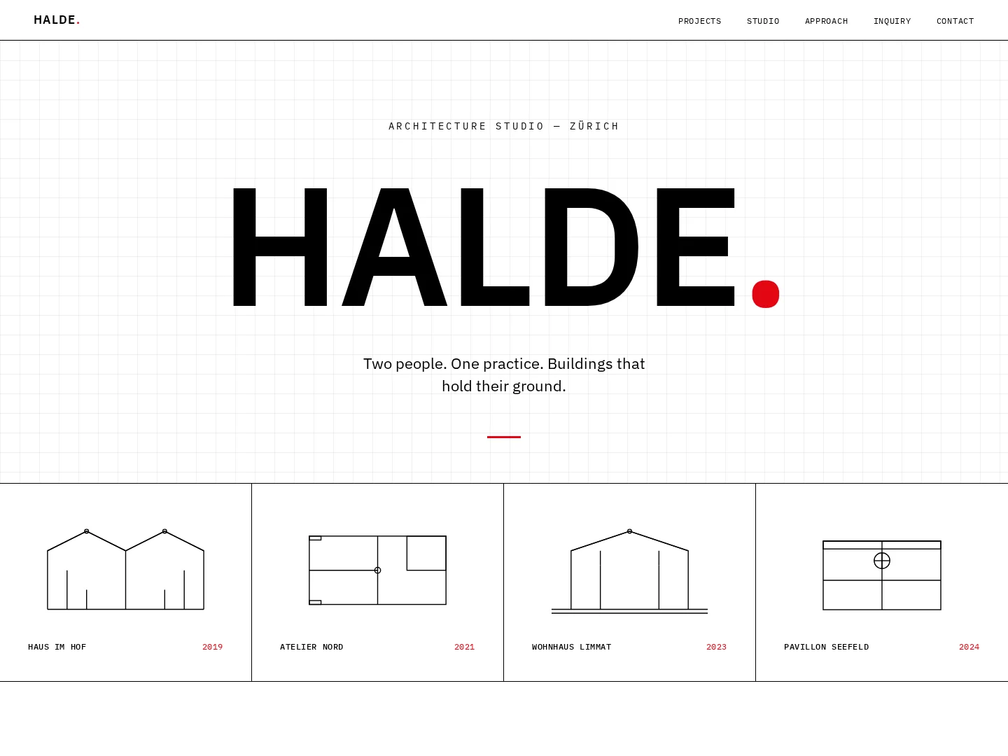 Halde architecture studio: Swiss typography, architectural drawings, and a searchable project portfolio