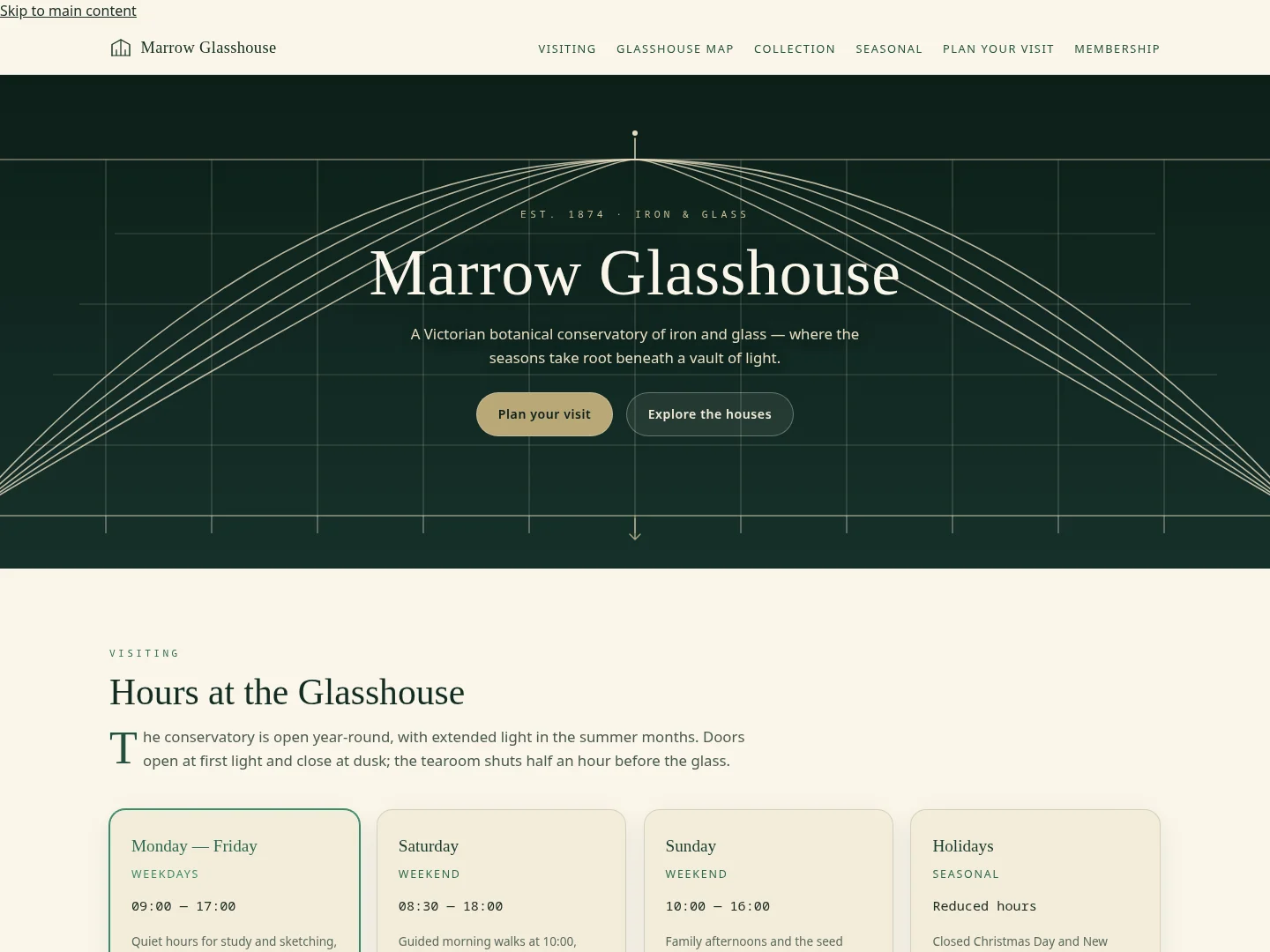 Marrow Glasshouse: a botanical conservatory with specimen exploration and a visit planner