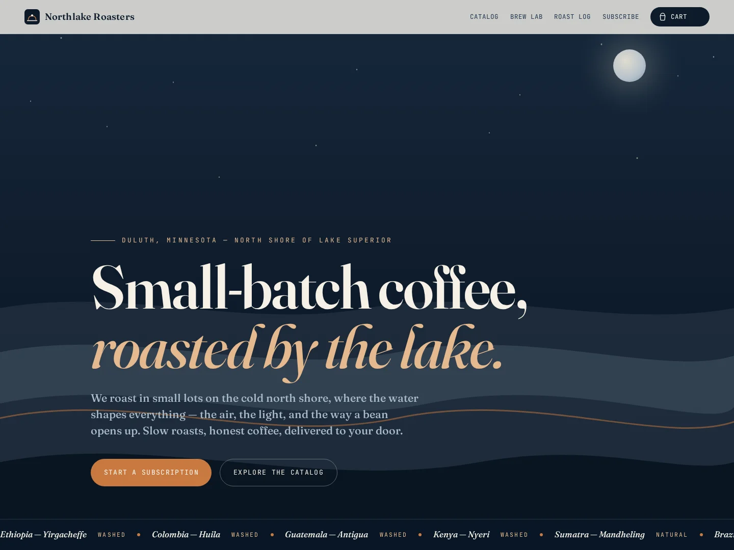 Northlake Roasters: a lake-inspired coffee storefront with product details and brewing tools