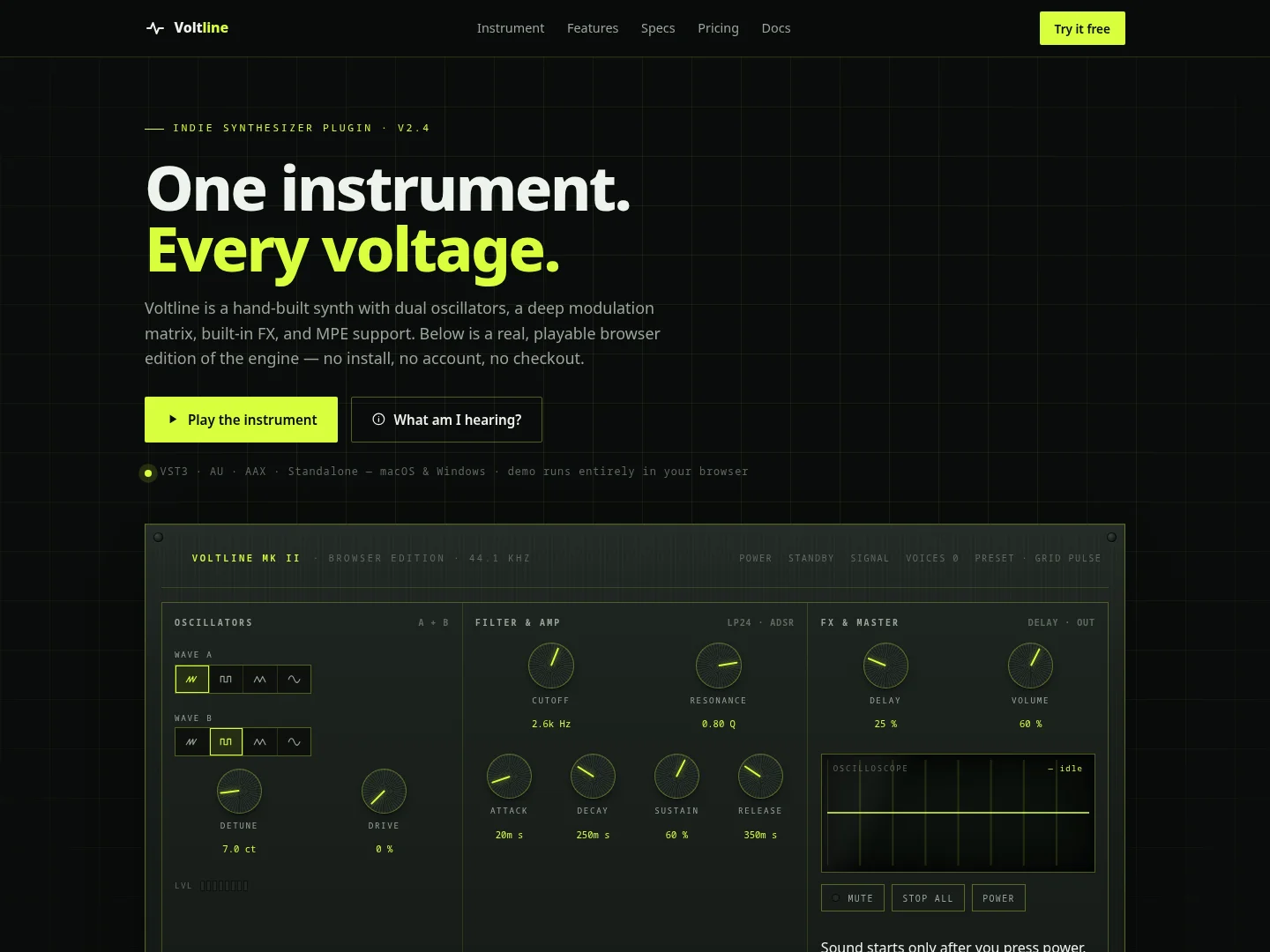 Voltline: a playable synthesizer with knobs, keyboard, oscilloscope, and step sequencer